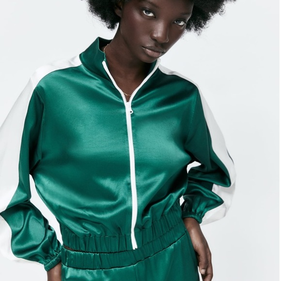 ZARA piped green satin jacket size small - Picture 3 of 10